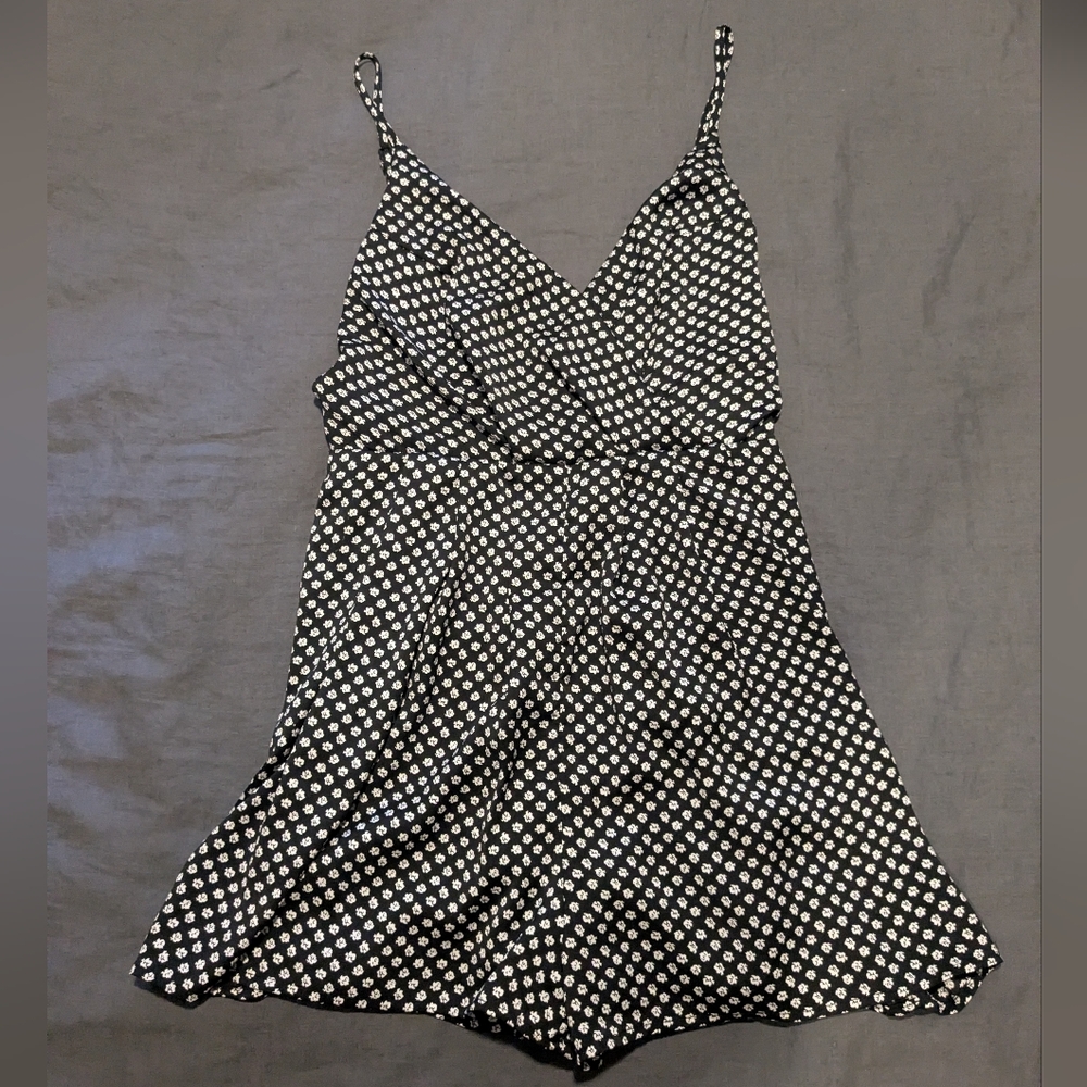 Spaghetti Strap Romper Black And White Floral Print